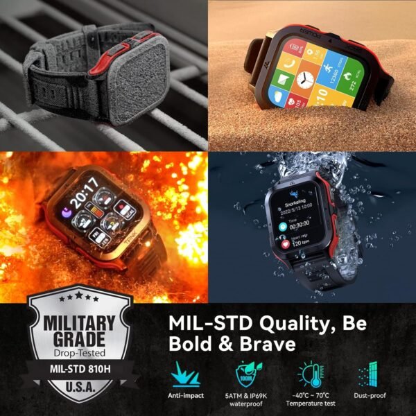 AMAZTIM Smart Watch, 60 Days Extra-Long Battery, 50M Waterproof, Rugged Military Bluetooth Call(Answer/Dial Calls), 1.85" Ultra Large HD Display, AI Voice Assistant, Compatible for Android and iOS-Red - Image 3
