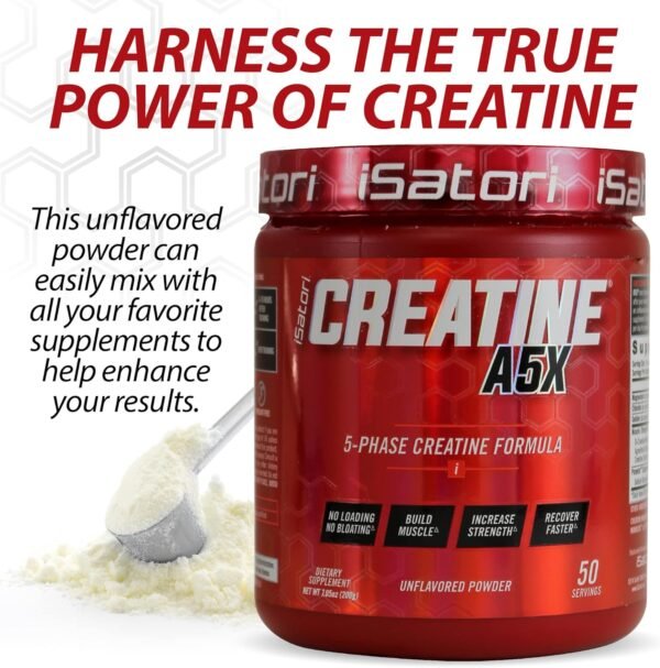 iSatori Creatine A5X, 5 Phase Creatine Powder Formula with & Betaine Anhydrous, Stim-Free Pre Workout Muscle Builder & Post Workout Recovery Powder, Unflavored, 50 Serving - Image 7