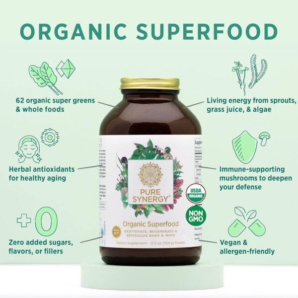 PURE SYNERGY Organic Superfood Powder | Organic Green Superfood Powder | Whole Food Supplement with Organic Greens, Spirulina and Mushrooms | for Energy, Healthy Aging, and Immune Health (12.5 oz) - Image 4