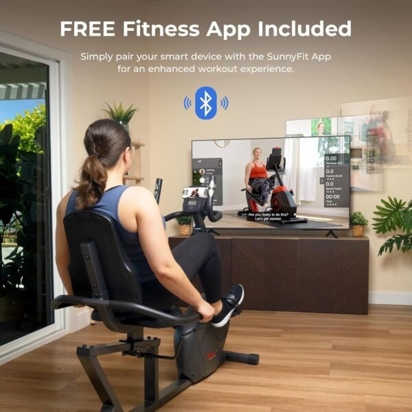 Sunny Health & Fitness Smart Heavy-Duty Recumbent Bike w/Wide Cushioned Seat & Back, Indoor Cycling Machine for Adult/Seniors Home Exercise, Free SunnyFit App Connect, Optional Workout Training Bands - Image 3