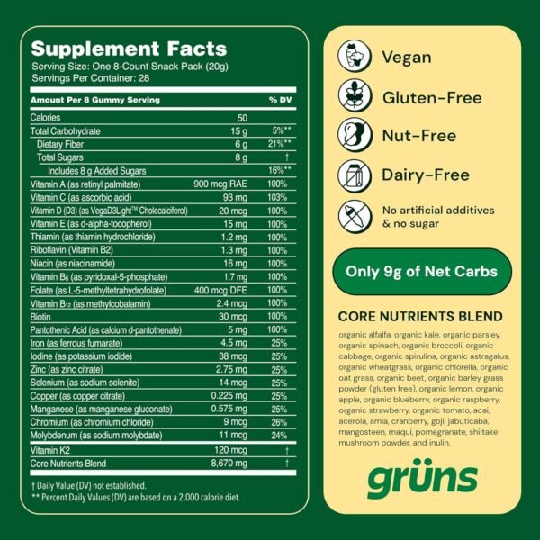 Gruns Adults Super Greens Gummies, Superfood Gummy Bears with Spirulina, Chlorella & Prebiotics for Digestive Health - Adaptogens Supplement with 20 Vitamins & Minerals, Low Sugar- 1 Month Supply - Image 10