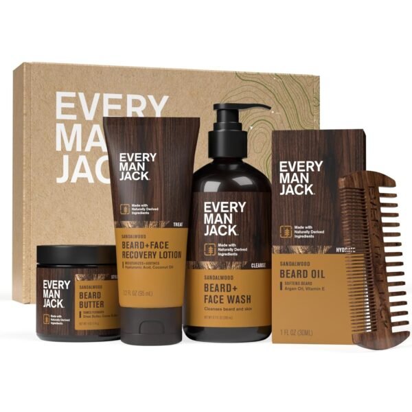 Every Man Jack Mens Sandalwood Grooming Set - Five Full-Sized Essentials: Wash, Lotion, Hydrating Oil, Butter, and Comb - Image 2