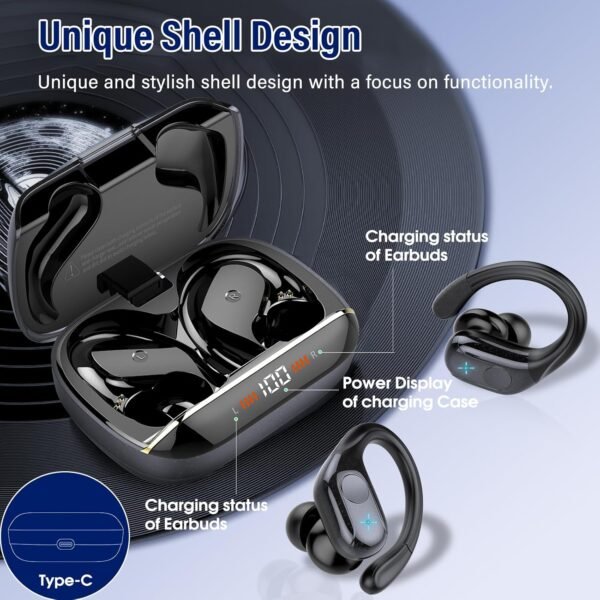 Wireless Earbuds Bluetooth 5.4 Headphones 75H Playtime Stereo Deep Bass Sports Ear Buds with Earhooks, LED Display Bluetooth Earbuds with 4 ENC Mic, IP7 Waterproof Earphone for Workout/Running, Black - Image 6