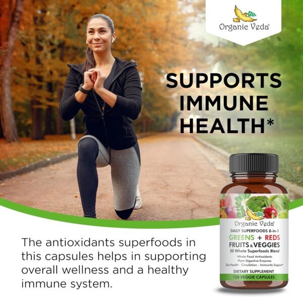 Organic Veda Super Greens Reds Veggies Capsules - 8 in 1 Daily 30 Whole Organic Superfoods Fruits & Vegetables Supplement - Papaya Enzymes, Spirulina, Chlorella, Moringa, Beet, Turmeric - 120 Vegan - Image 7