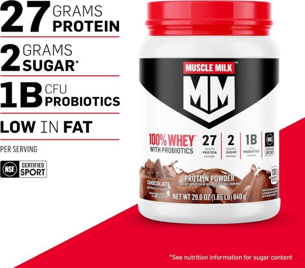 Muscle Milk 100% Whey With Probiotics Protein Powder, Chocolate, 1.85 Pound, 23 Servings, 27g Protein, 2g Sugar, 1B CFU Probiotics, Low in Fat, NSF Certified for Sport, Packaging May Vary - Image 3