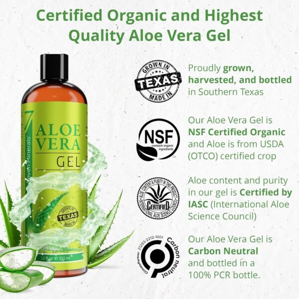 Seven Minerals Organic Aloe Vera Gel from freshly cut 100% Pure Aloe - Big 12oz - HighestQuality, Texas grown, Vegan, Unscented - For Face, Skin, Hair, Sunburn relief - Image 3
