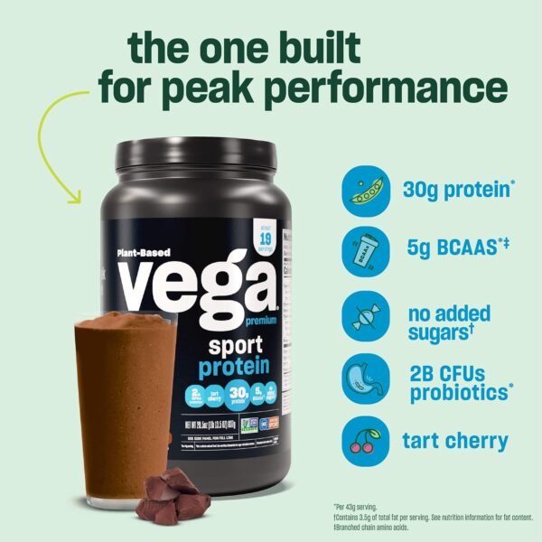 Vega Premium Sport Protein Chocolate Protein Powder, Vegan, Non GMO, Gluten Free Plant Based Protein Powder Drink Mix, NSF Certified for Sport, 29.5 oz - Image 6