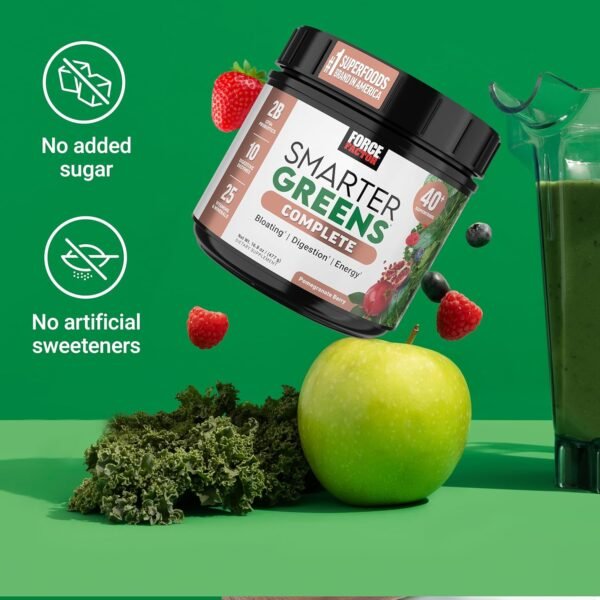Force Factor Smarter Greens Superfoods Powder to Support Digestion, Gut Health, Bloating, Greens Powder with Probiotics, Prebiotics, Digestive Enzymes, & Adaptogens, Pomegranate Berry, 30 Servings - Image 9