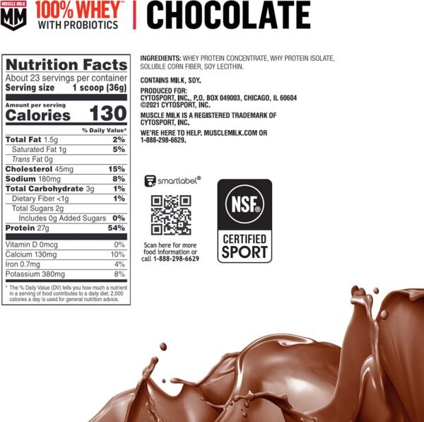 Muscle Milk 100% Whey With Probiotics Protein Powder, Chocolate, 1.85 Pound, 23 Servings, 27g Protein, 2g Sugar, 1B CFU Probiotics, Low in Fat, NSF Certified for Sport, Packaging May Vary - Image 7