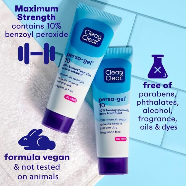 Clean & Clear PersaGel 10 Acne Medication Spot Treatment with Maximum Strength 10 Benzoyl Peroxide Topical Pimple Cream Acne Gel medication for Face Acne with Benzoyl Peroxide, 4 Count - Image 8
