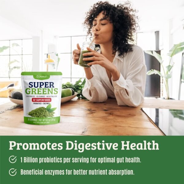 Green Juice Powder. Supergreens Superfood Powder. Detox Greens for Bloating and Digestion. Veggie Powder with Probiotics & Enzymes. Chlorella, Spirulina, Wheat Grass, Ashwagandha. 32 Superfoods - Image 7