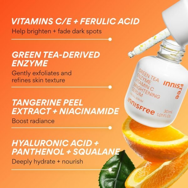 innisfree Green Tea Enzyme Vitamin C Brightening Serum for Dark Spot Fading, Korean Face Vitamin C Serum for Glow - Image 4