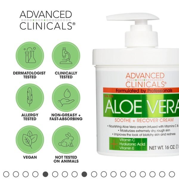 Advanced Clinicals Aloe Vera Lotion Sun Burn Recovery Cream | After Sun Body Lotion W/ Vitamin C + Hyaluronic Acid | Sun Damaged Skin Repair Moisturizing Cream | Skin Care Products, Large 16 Oz - Image 6