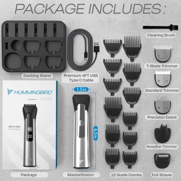 HUMMINGBIRD MK9 MasterGroom All-in-One Trimmer – 21-Piece Men's Grooming Kit for Beard, Head, Hair, Body, and Face, Waterproof, Stainless Steel, USB C Rechargeable, LED Display - Image 8
