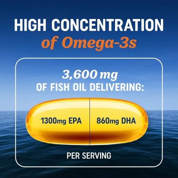 Triple Strength Omega 3 Fish Oil 3600 mg | EPA & DHA | Over 2100mg Omega-3 Fatty Acids | 1300mg EPA + 860mg DHA | Best Essential Fatty Acids | Premium Wild Caught & Burpless Fish Oil | 120 Ct - Image 3