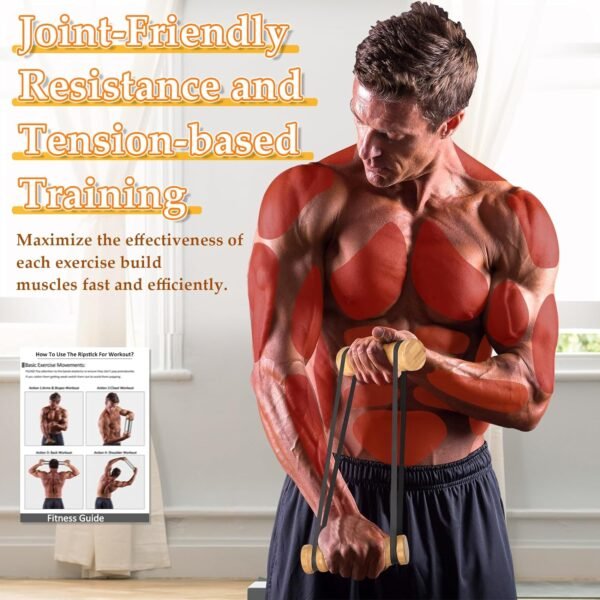 Rip Stick Efficient Upper Body Workout Equipment Home Gym, Adjustable Resistance Bands with Wooden Handles, Portable Exercise Equipment, Joint-Friendly, 8 Rip Stick Bands Included - Image 4