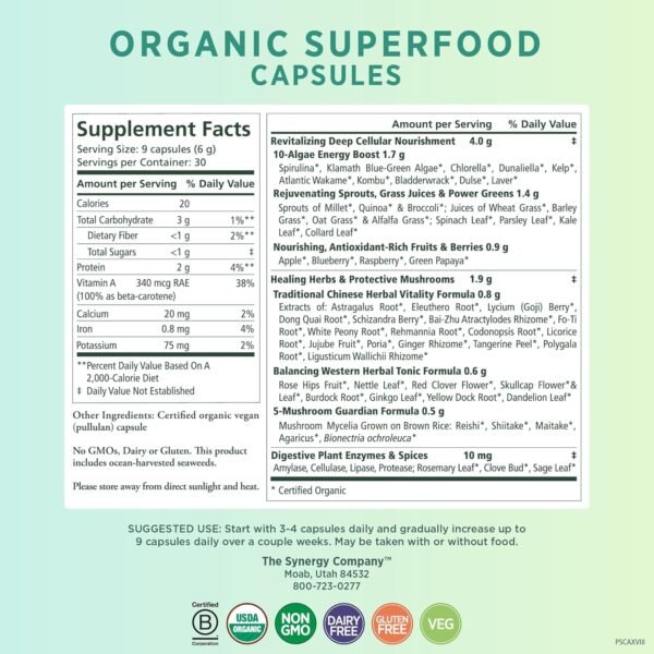 PURE SYNERGY Superfood Capsules | Organic Superfood & Greens Supplement | Whole Food Capsules with Super Greens, Spirulina, & Mushrooms | for Energy, Healthy Aging & Immune Health (270 Capsules) - Image 3