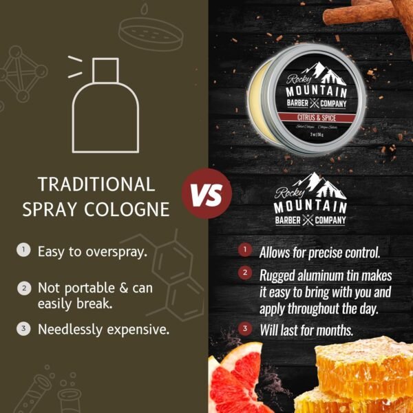 Rocky Mountain Barber Company Solid Cologne for Men – Citrus & Spice Scent – 2 Oz Size - Made with Coconut Oil, Shea Butter - Long-Lasting Scent - Image 3