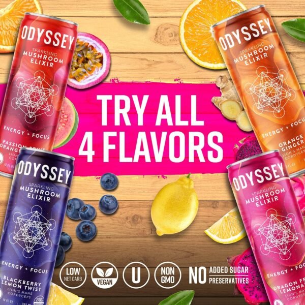 Odyssey Elixir Functional Beverage - Adaptogen Drink with Lions Mane, Cordyceps, L Theanine, & Green Tea Caffeine - for Cognition, Energy & Mood Boost - 0 Added Sugar - Dragon Fruit Lemonade - 12 Pack - Image 6