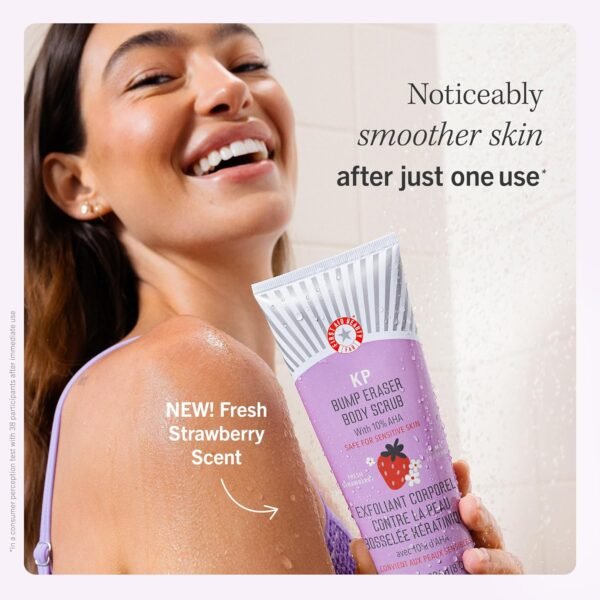 First Aid Beauty - KP Bump Eraser Body Scrub with 10% AHA, Keratosis Pilaris Exfoliater with Glycolic and Lactic acids, Helps Reduce Chicken Skin Bumps, Safe for Sensitive Skin, Strawberry Scent, 8 oz - Image 4