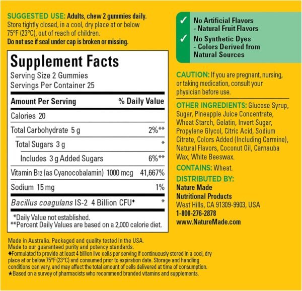 Nature Made Digestive Probiotics and Energy B12 Gummies, Probiotics for Women and Men, 50 Probiotic Gummies, 25 Day Supply - Image 6