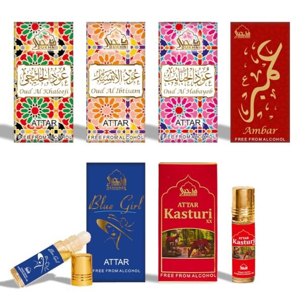 Dukhni Premiere Attar Oil Set Arab perfume oils for men and women | 6 assorted scents x 6ml | Arabian oud oil fragrances | Sampler Gift set, Halal & Vegan Islamic Scents - Image 2