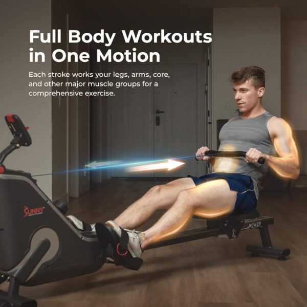 Sunny Health & Fitness Flip & Foldable Rowing Machine for Home w/Extended Slide Rail, Full-Body Workout, Low-Impact, Optional Extra Long Rail, Quiet Rail Cover, Water Motion and Free SunnyFit App - Image 5