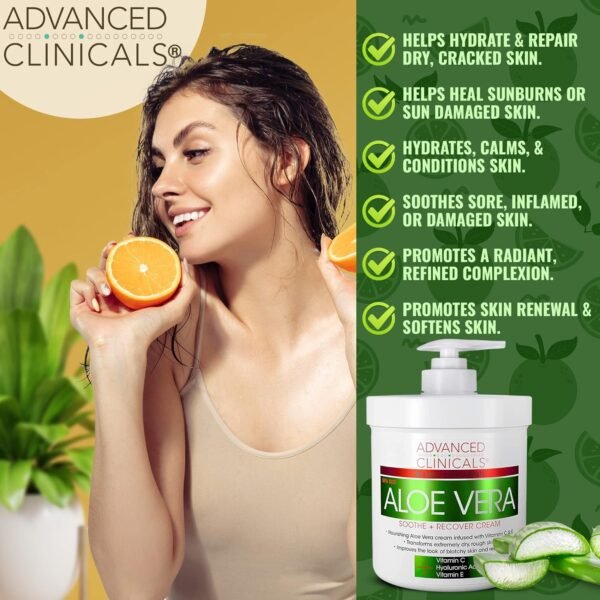 Advanced Clinicals Aloe Vera Lotion Sun Burn Recovery Cream | After Sun Body Lotion W/ Vitamin C + Hyaluronic Acid | Sun Damaged Skin Repair Moisturizing Cream | Skin Care Products, Large 16 Oz - Image 8