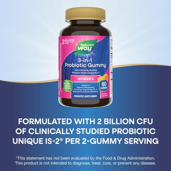 Nature's Way 3-in-1 Women’s Probiotic Gummies, Reduces Occasional Bloating*, Supports Digestive & Vaginal Health*, Clinically Studied Probiotic Strain, Gluten Free, Orange Flavored, 60 Gummies - Image 4