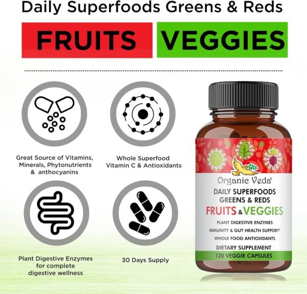 Organic Veda Super Greens Reds Veggies Capsules - 8 in 1 Daily 30 Whole Organic Superfoods Fruits & Vegetables Supplement - Papaya Enzymes, Spirulina, Chlorella, Moringa, Beet, Turmeric - 120 Vegan - Image 5