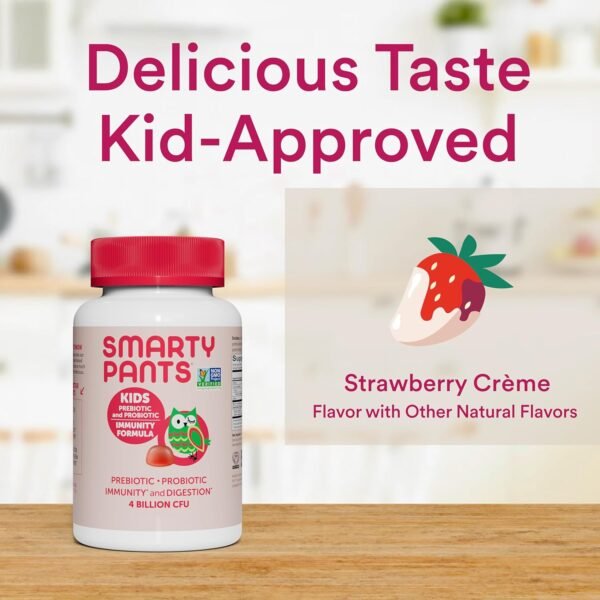 SmartyPants Kids Probiotic Immunity Gummies: Prebiotics & Probiotics for Digestive Health and Immune Support Supplement, Gluten Free, Vegan, Strawberry Crème Flavor, 60 Count (30 Day Supply) - Image 7