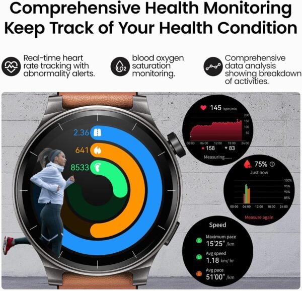 TOZO AMOLED S5 Smart Watch (Answer/Make Calls), 1.43’’ HD Screen for Men Women 100+ Sport Modes Fitness Watchs with Blood Oxygen/Sleep/Heart Rate Monitor, IP68 Waterproof, Leather Band Brown - Image 5