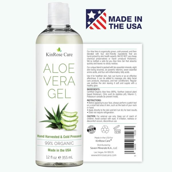 12oz Organic Aloe Vera Gel for Face, Skin, Hair & Sunburn Relief - From 100 Percent Pure Aloe Vera - Cold Pressed, Vegan, Unscented - Made in USA. - Image 4