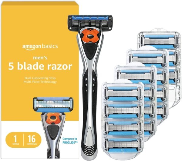 Amazon Basics 5-Blade MotionSphere Razor for Men with Dual Lubrication and Precision Trimmer, Handle & 16 Cartridges, Cartridges fit, Razor Handles only, 17 Piece Set, Black - Image 2