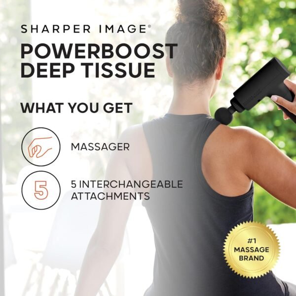 Sharper Image Powerboost Massage Gun Version 3.0-5 Attachments, Quiet Motor, Ergonomic, 6-Speed Lightweight Percussion Massager, Deep Tissue Full Body Muscle Recovery for Pain - Black [Exclusive] - Image 3