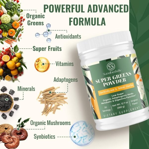 Super Greens Powder Superfood Supplement + Electrolytes & Tonic Herbs | Organic Greens, Adaptogens, Shilajit, Antioxidants, Preobiotic & Probiotic & Postbiotic | for Gut, Energy & Immune | 30 Servings - Image 4