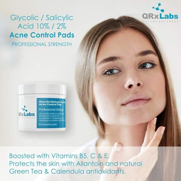 QRxLabs Glycolic + Salicylic Acid Acne Control Pads with 10% Ultra Pure Glycolic & 2% Salicylic, Allantoin, Vitamin B5, C & E, Calendula & Green Tea - Acne Treatment for Clear Skin - Image 4