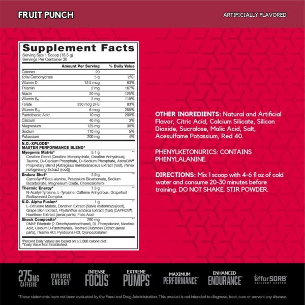 BSN N.O.-XPLODE Pre Workout Powder, Energy Supplement for Men and Women with Creatine and Beta-Alanine, Flavor: Fruit Punch, 30 Servings - Image 3