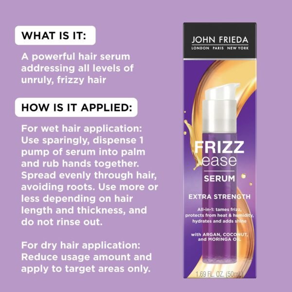 John Frieda Frizz Ease Extra Strength Hair Serum, Nourishing Hair Oil for Frizz Control, Heat Protectant with Argan & Coconut Oils, 1.69 fl oz - Image 8