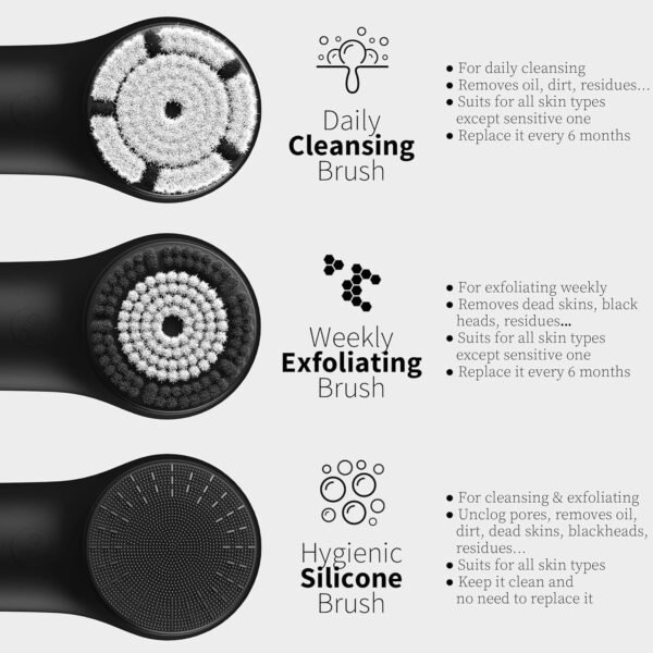 Face Scrubber, NågraCoola 3.0 Facial Cleansing Brush, Waterproof & Rechargeable Face Scrub Brush for Men&Women, Electric Facial Exfoliator with 3 Brushes, 3 Intensities, 2 Action Modes - Black - Image 4