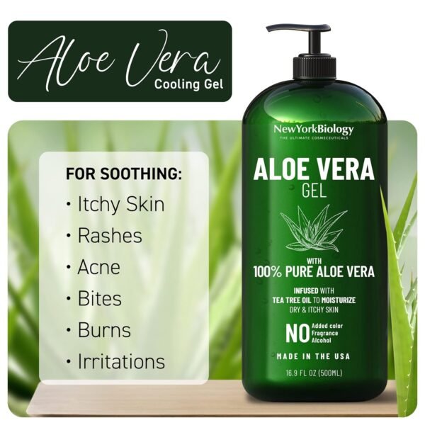 New York Biology Aloe Vera Gel for Face, Skin and Hair - Infused with Tea Tree Oil - From Fresh Aloe Vera Plant - Moisturizing Aloe Vera for Sunburn Relief and Dry Skin - 16.9 Fl Oz - Image 5