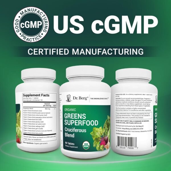 Dr. Berg's Greens Superfood Cruciferous Vegetable Tablets - Vegetable Supplements for Adults w/ 11 Phytonutrient Super Greens Tablets - Energy, Immune System & Liver Veggie Tablets - 90 Tablets - Image 6
