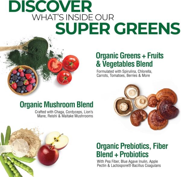 Country Farms Super Greens Natural Flavor, 50 Organic Super Foods, USDA Organic Drink Mix, Fruits, Vegetables, Super Greens, Mushrooms & Probiotics, Supports Energy, 20 Servings, 10.6 Oz - Image 4