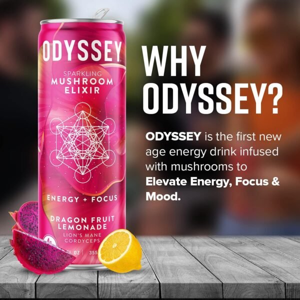 Odyssey Elixir Functional Beverage - Adaptogen Drink with Lions Mane, Cordyceps, L Theanine, & Green Tea Caffeine - for Cognition, Energy & Mood Boost - 0 Added Sugar - Dragon Fruit Lemonade - 12 Pack - Image 3