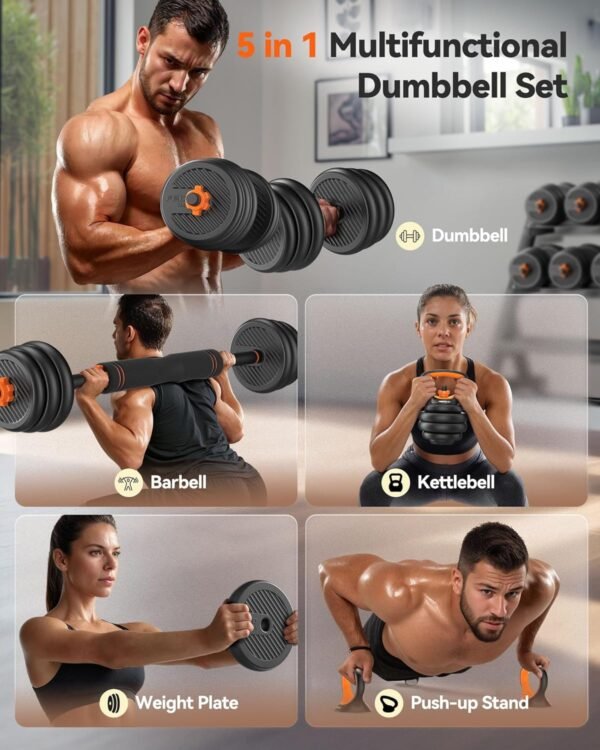 FEIERDUN Adjustable Dumbbells, 20/30/40/45/70/90lbs Free Weight Set with Connector, 4 in1 Dumbbells Set Used as Barbell, Kettlebells, Push up Stand, Fitness Exercises for Home Gym Suitable Men/Women - Image 3
