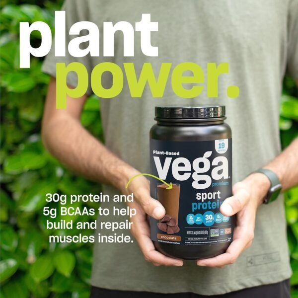 Vega Premium Sport Protein Chocolate Protein Powder, Vegan, Non GMO, Gluten Free Plant Based Protein Powder Drink Mix, NSF Certified for Sport, 29.5 oz - Image 5