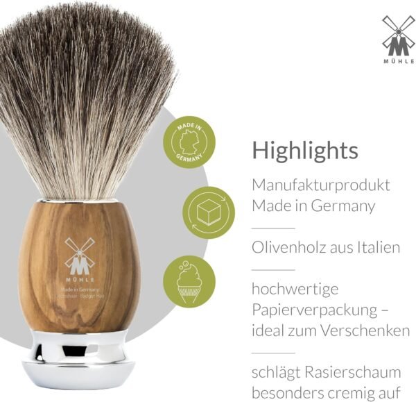 MÜHLE VIVO Olive Wood 4-Piece Pure Badger 5-Blade Razor Shaving Set - Image 5