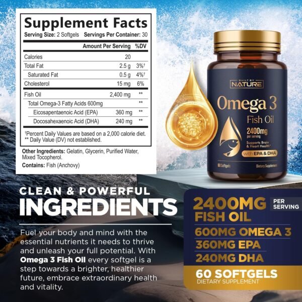 Omega 3 Fish Oil Supplement – 2400mg Fish Oil with EPA & DHA Omega-3 Fatty Acids from Sustainably Sourced Wild Caught Peruvian Anchovy - Heart & Brain Health Support - Non-GMO - 60 Softgels - Image 3