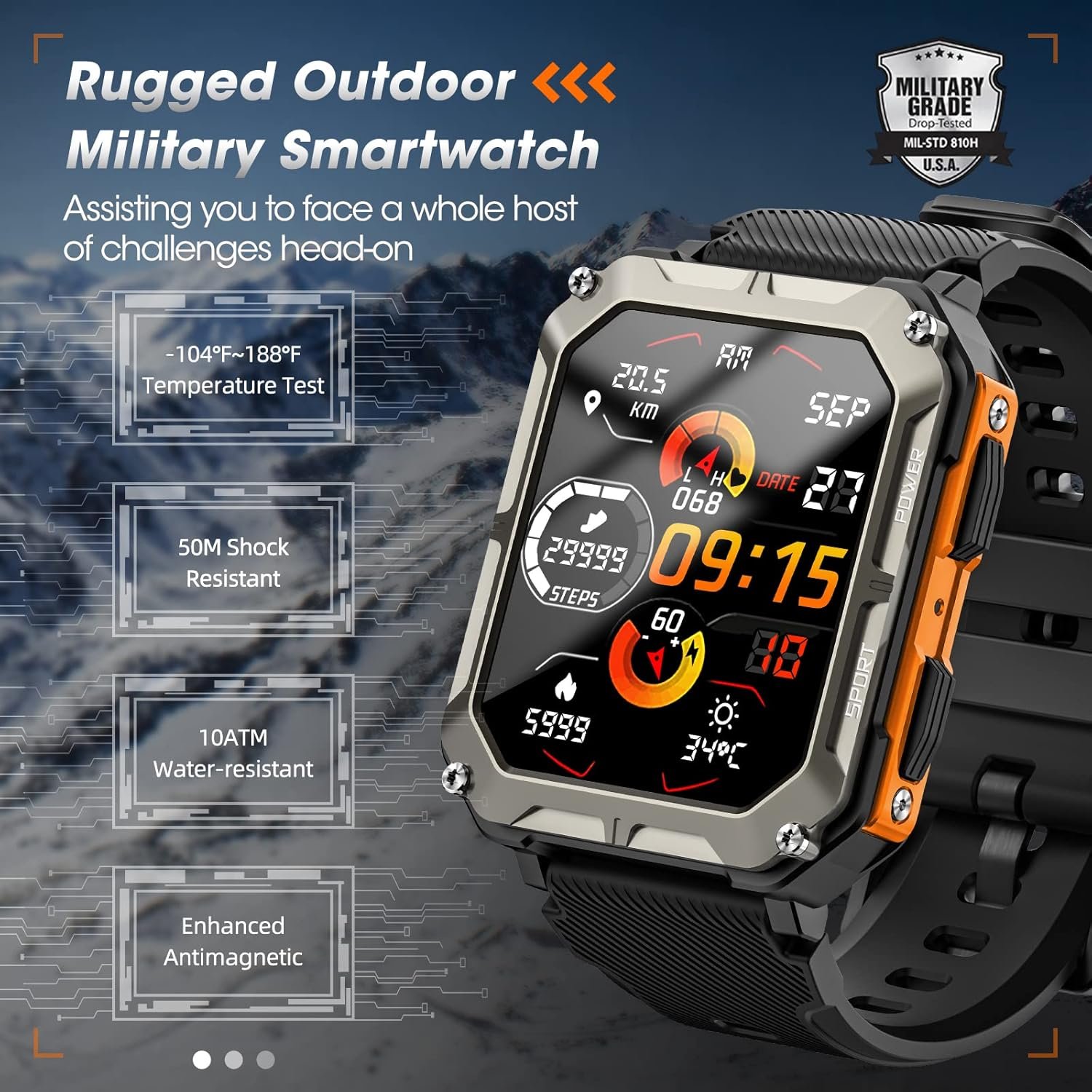 Military Smart Watch for Men with Blood Pressure (Answer/Make Call), Rugged Tactical Smartwatch for Android and iPhone, 10 ATM Waterproof Outdoor Sports Fitness Tracker with Heart Rate, Sleep Monitor - Image 3