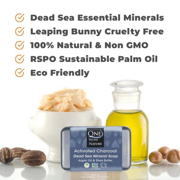 One With Nature Dead Sea Salt Activated Charcoal Soap 4oz 3Pack, Black Bar Soap Detoxifying Body Wash Soap Bar & Face Soap Vegan Men Soap with Shea Butter 100% Natural Soap for Men & Women Soap Bar - Image 4